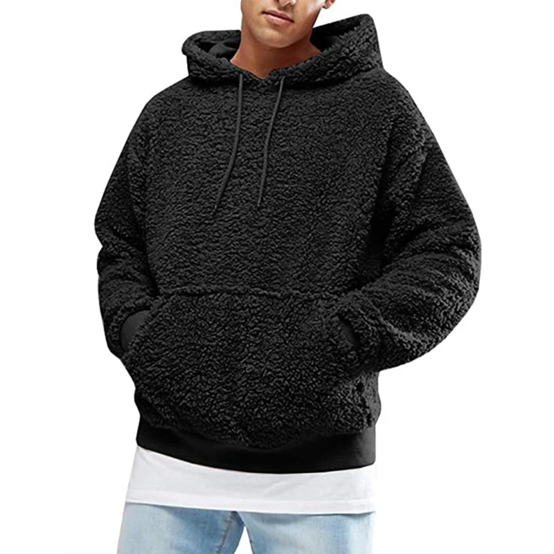 Mannen Jongens Winter Dikker Pluche Lange Mouw Sweatshirt Trui Koord Hoodie Tops Met Pocket Pluizige Kangoeroe Uitloper S-3XL