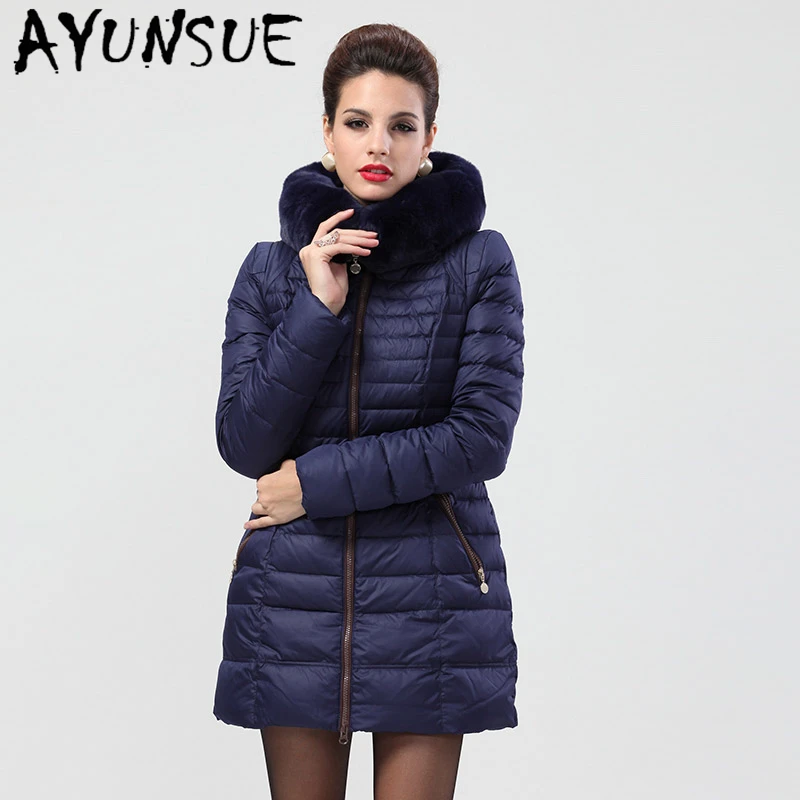 AYUNSUE New Brand Women's Winter Down Jacket Woman Natural Rex Rabbit Fur Collar Duck Down Coat Female Thick Warm Coats Jackets