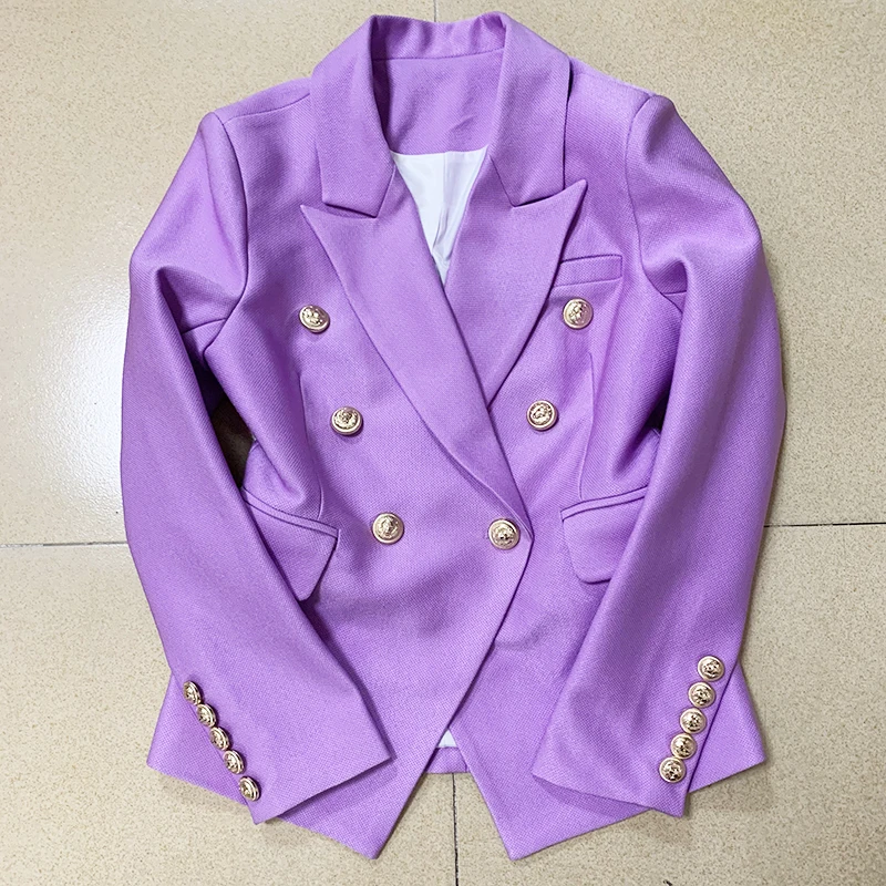 LIBIELIY Star Style Fashion Popest Nice Designer Jacket Women\'s Lion Buttons Double Breasted Slim Fitting Pique Blazer Lilac