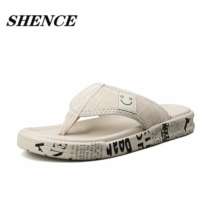 SHENCE Summer Mens Linen Slippers Mule Clogs Slippers Man Soft Linen Beach Slides Outdoor Footwear Flat Sandals Linen Flip Flops