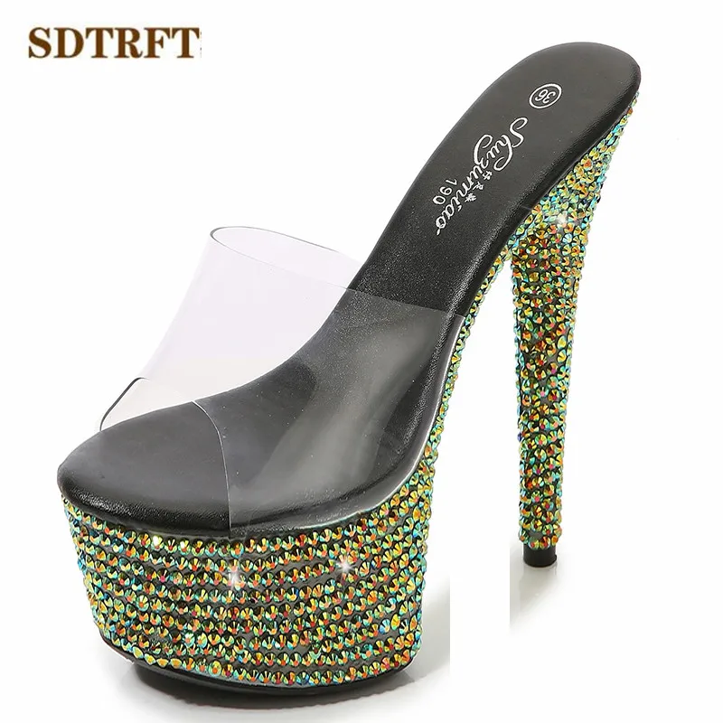 SDTRFT Summer 20cm Stiletto Transparent PVC Slippers 13cm Shoes Woman 15cm Thin Heels Open Toe sexy 17cm Sandals Diamond Pumps