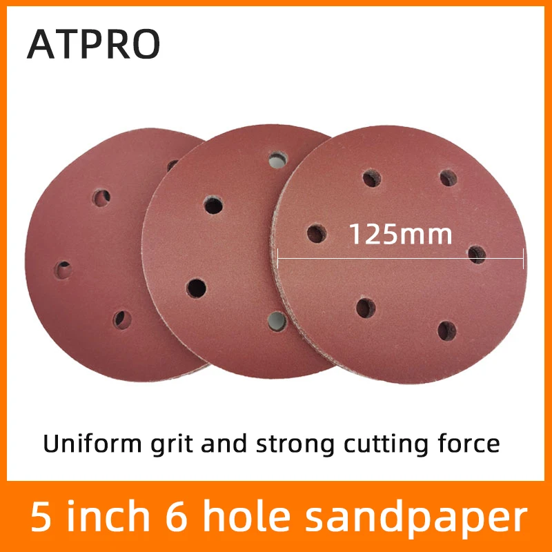 

10 Pcs Dry Sanding Paper 5 Inch 6 Hole 125mm Flocking Circular Polishing Car Putty Pneumatic Polishing Sand Disc