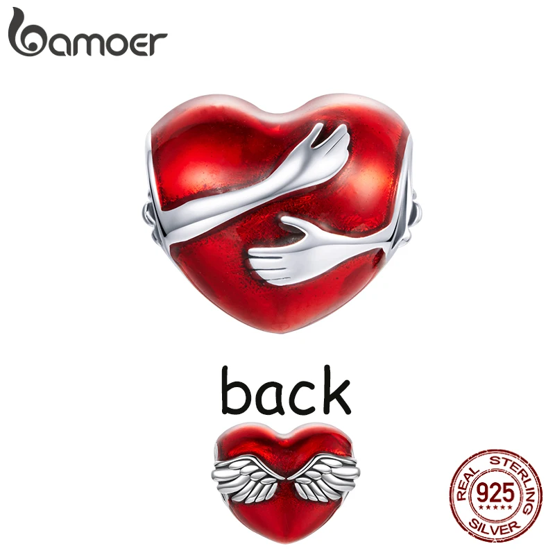 bamoer 925 Sterling Silver Embrace of Love Charm Hug Bead Wing Heart Shape Bead for Original Bracelet Bangle DIY Making SCC1847