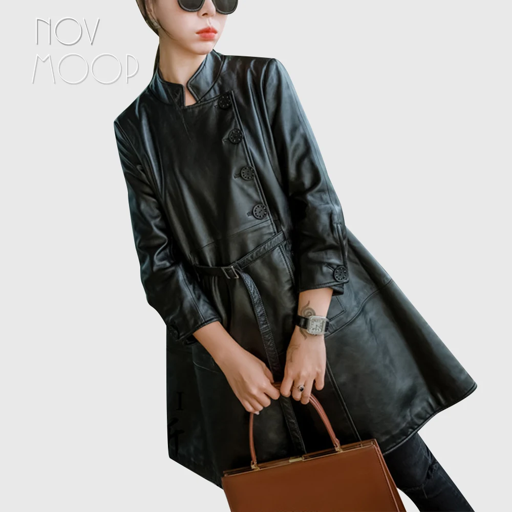 Novmoop oblique placket genuine leather women coat sheepskin could wear as dress adjusted decor front belt Robe en cuir LT3392