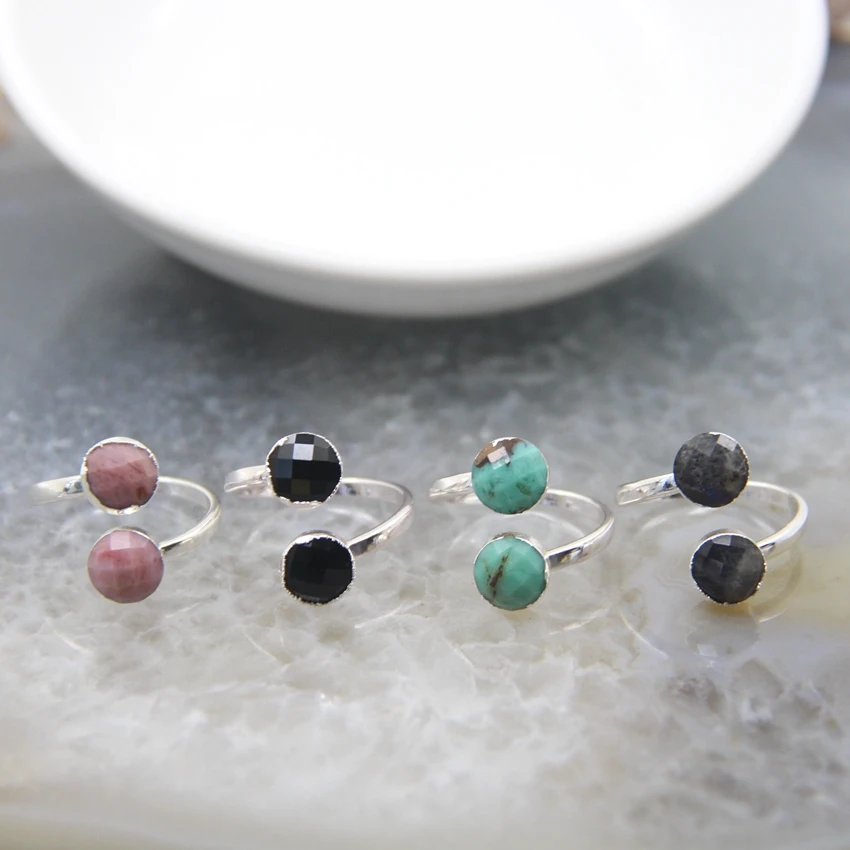 

Dainty Dual Gemstone Natural Labradorite Australian Jades Obsidian Sunstone Cut Faceted Adjustable Woman's Finger Ring Jewelry
