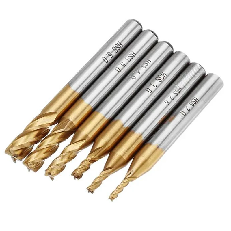 6pcs Set di frese 2-6mm rivestimento in titanio HSS 4 flauto fresa metrica fresa 6mm codolo cilindrico Set di punte per trapano CNC