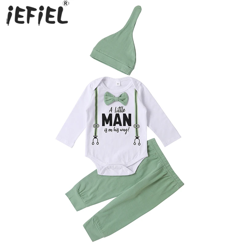 

3PCS Set Newborn Baby Boy Clothes Lovely Bowtie Kids Cotton Long Sleeve Bodysuit Tops Long Pants Hat Outfits Clothes Set 0-12M