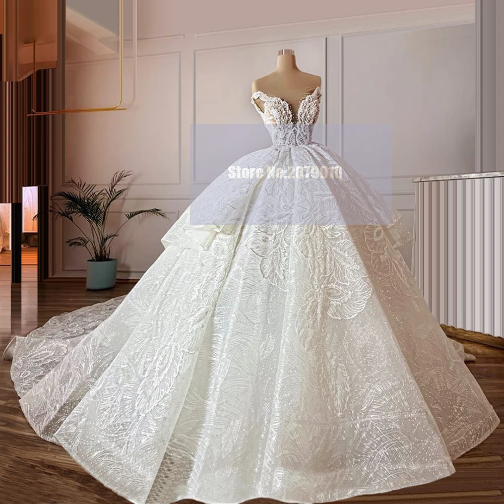 

Ivory Mariage Lace Wedding Dresses Off Shoulder Ball Gown Court Train Sexy Backless Bridal Gowns 2020 Dubai