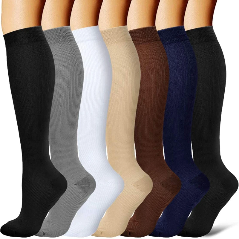 Pack of 3 Solid Color Compression Socks Knee High  Long Knit Nylon Stockings 15-20 Mmhg Medical  for Men & Women Travel Running