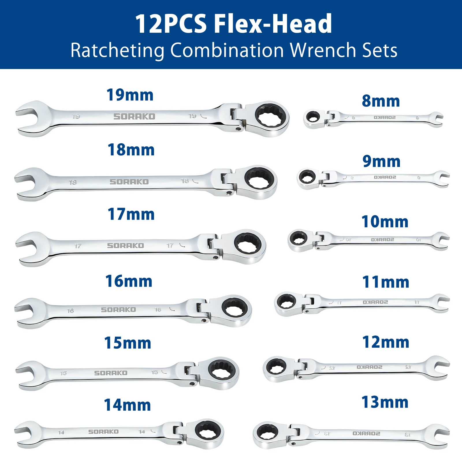 Flex-Head Ratchet Spanner Set,16 Pieces Metric Combination Spanner Kit, DIY Hand Tools Kit, 4 adapters for Car Repairing