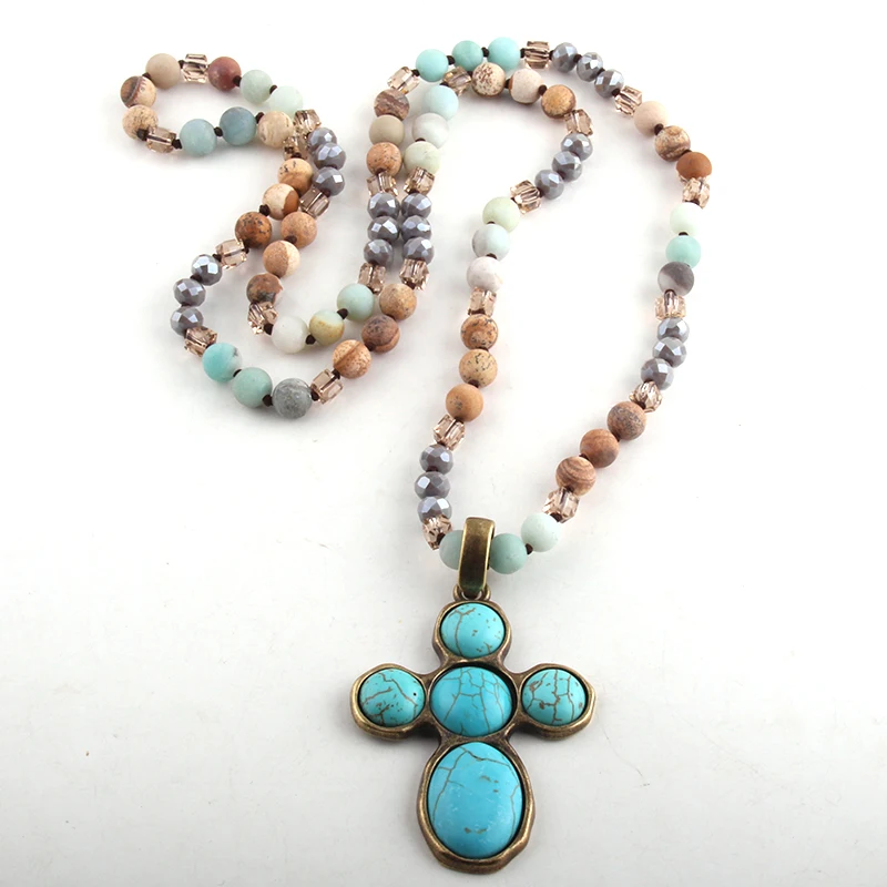 Fashion Bohemian Tribal Jewelry Stone Long Knotted Aqua Cross Necklaces For Women