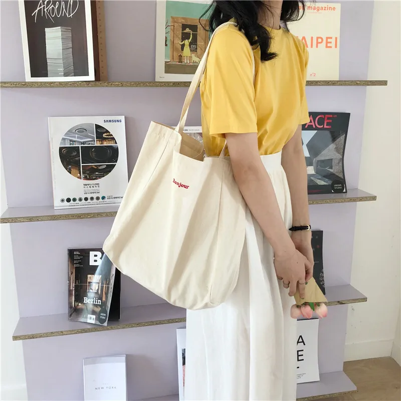 Sac à bandoulière en toile brodée pour femmes, sac à main de Bonjour, fourre-tout décontracté, réutilisable, grande capacité, en coton, pour Shopping, plage