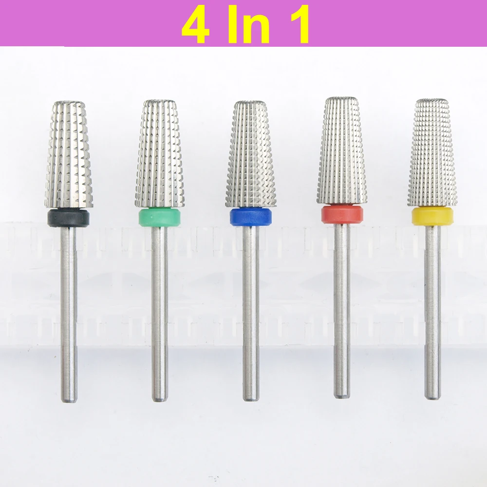 Foret à Ongles 5 en 1 en Carbure de Tungstène, Forme Conique, Coupe Droite, pour Gel Acrylique, Perceuse à Tige de 3/32 Pouces