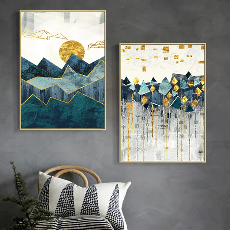 Trendy Abstract Sunrise Scene Mountain Wall Art Canvas Painting Marble Picture Posters Prints Living Room Interior Home Decor