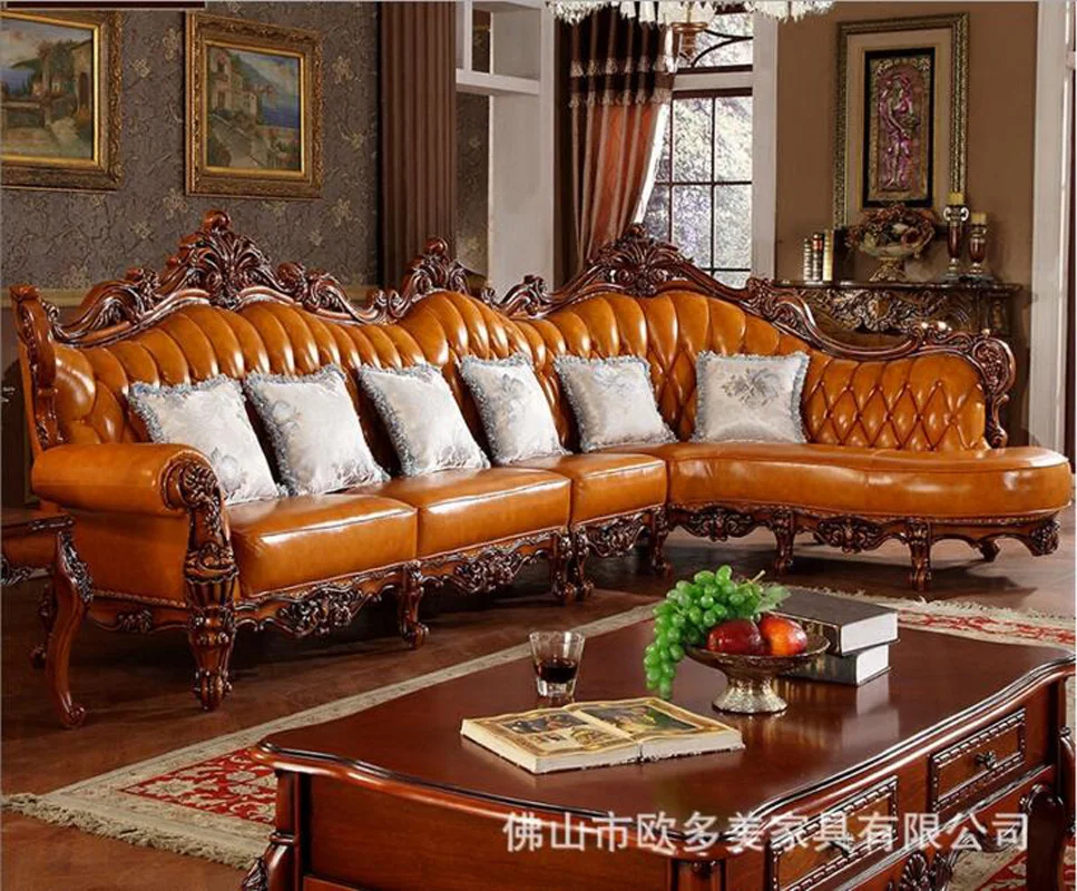 high quality  European  antique living room sofa furniture genuine leather set d1425