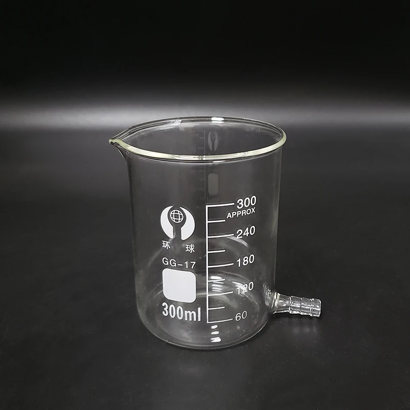 

Beaker in low form with Lower tube,Capacity 300ml,Beaker with tubules,Outer diameter=77mm,Height=106mm,Laboratory beaker