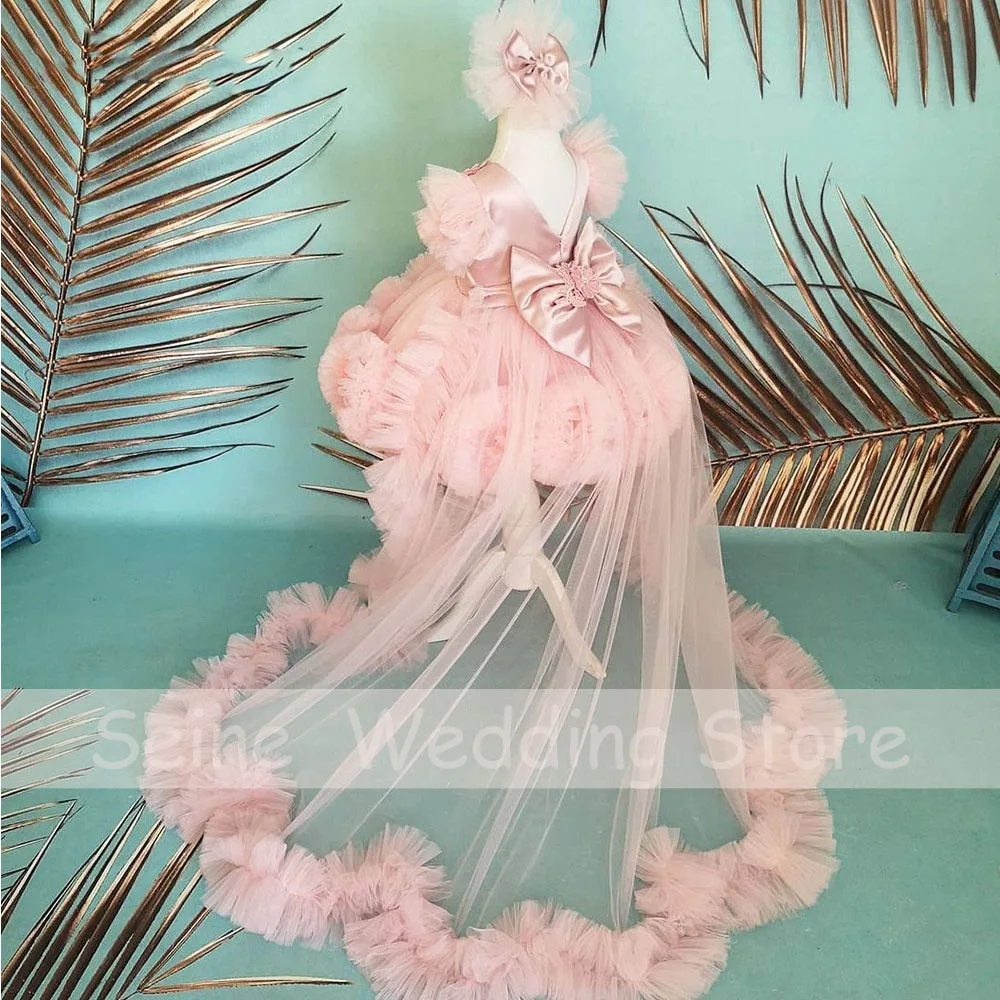 Tulle Pink Flower Girl Dresses Sleeveless Girls Princess Satin Wedding Party  Gowns Applique Detachable train платье для девочки