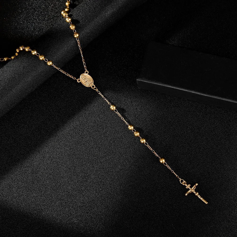 Personality Gold Plated Cross Rosary Pendant Necklace Jesus Beads Cross Hip Hop Necklace Long Chain for Men Women Jewelry Gifts