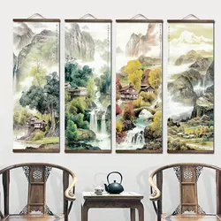 Lienzo de paisaje de cuatro estaciones de estilo tradicional chino para sala de estar, póster de arte de pared, pinturas de desplazamiento de madera maciza, decoración del hogar