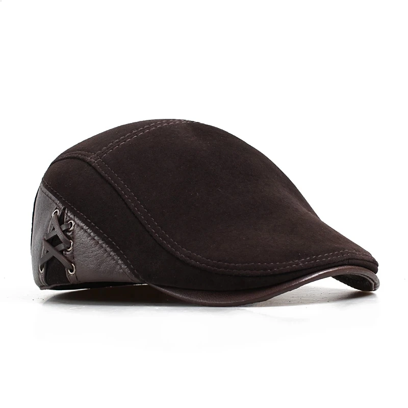 Golf European Style Genuine Leather Caps Beret Man Casual Sheepskin Suede Black/Brown Fitted Duckbill Hats Male Boina