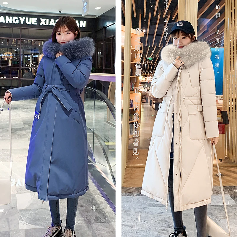 Both Sides Can Be Wear Nice Winter Long Jacket Women Slim Thick Hooded With Fur Collar Sashes Plus Size Parkas Kobieta Kurtka