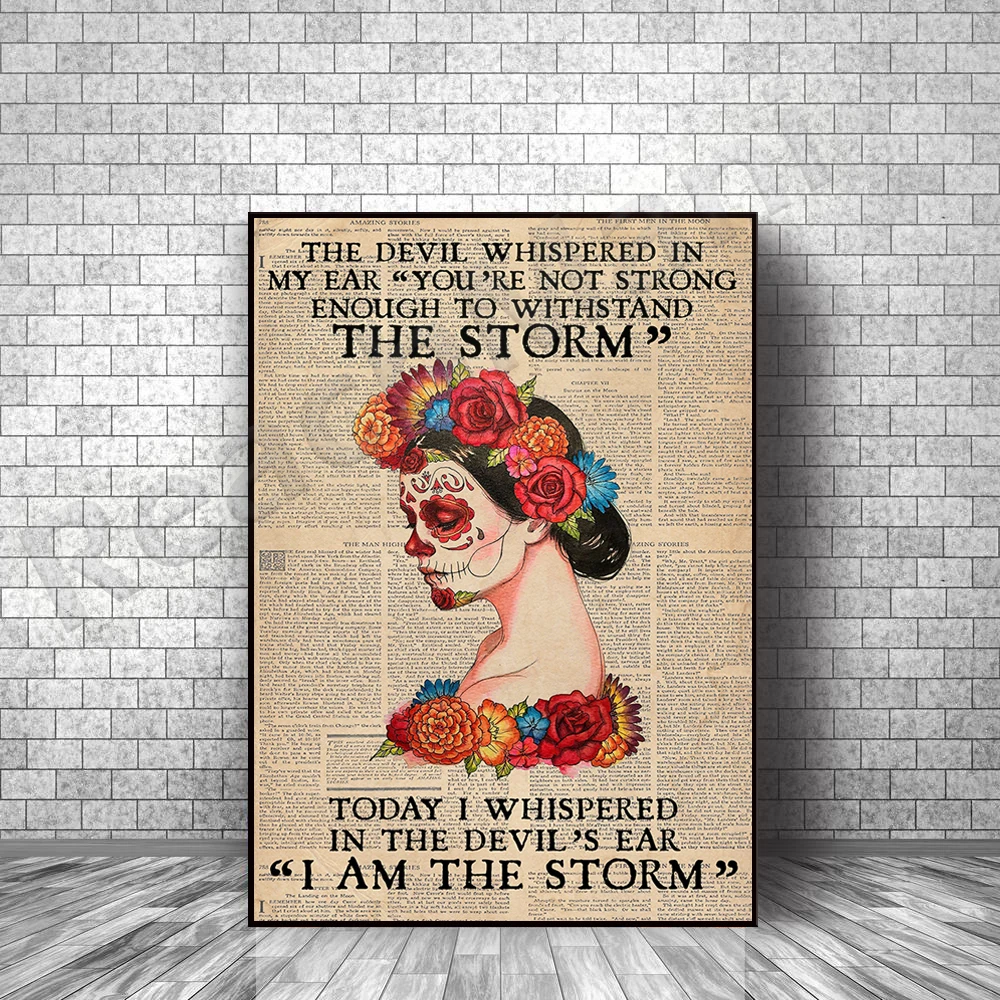 Retro Sugar Skull Poster-The devil whispers in my ear, you are not strong enough to resist the storm book page canvas poster