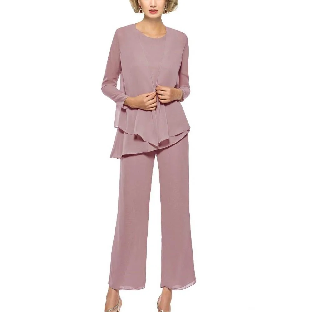 

Long Sleeve Bride's Mother Pants Suit Pants Three-piece O-shirt Jacket Custom Suit Formal Chiffon Prom Evening Dress