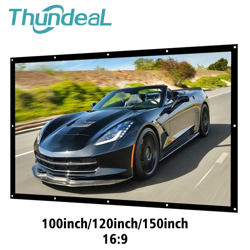 Thundeal 16:9 100 120 150インチ投影プロジェクタースクリーンキャンバス白カーテン画面3Dフィルムポータブルウォールマウント投影