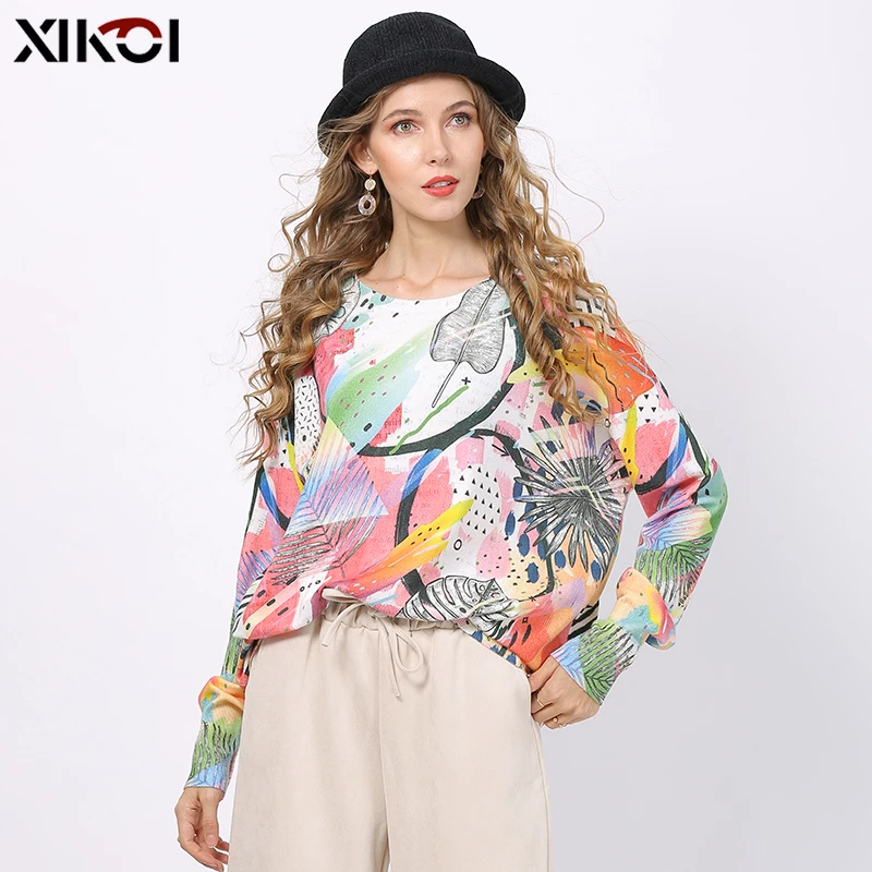 XIKOI Women Knitted Print Sweater Dress Long Sleeve Loose Kint Sweater Ladies Tops Pullover Winter Knitted Jumper Oversized Pull