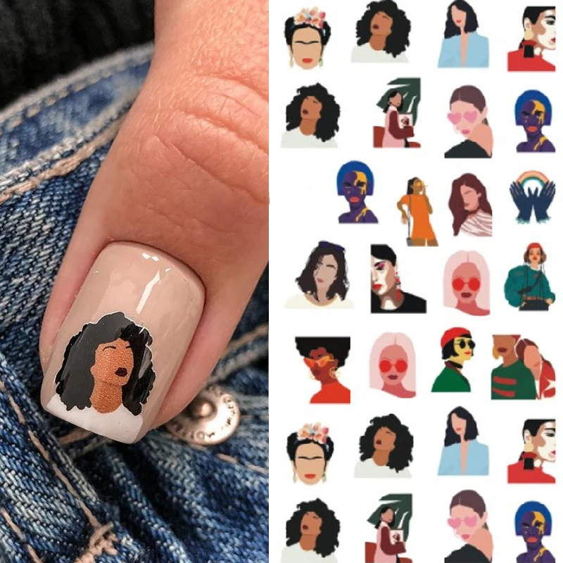 1sheet Pop Girls Women with Hat Nail Stickers Decals Abstract Face Design Slider Decals for Nails Art Decorations Tips