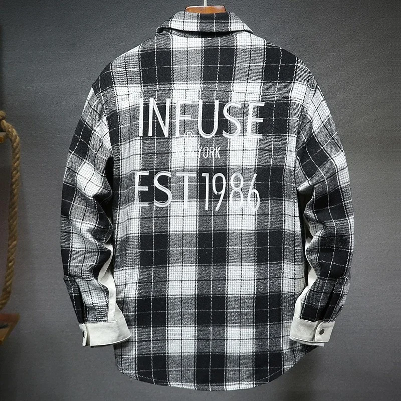 

Autumn Spring Casual Denim Jacket Men Embroidery Patchwork Plaid Outerwear Fashion Slim Fit Single Breasted Jean Cargo Jackets