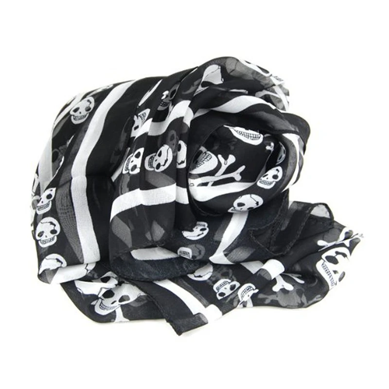 Black Chiffon Silk Feeling Skull Print Fashion Long Scarf Shawl Scaf Wrap For Women