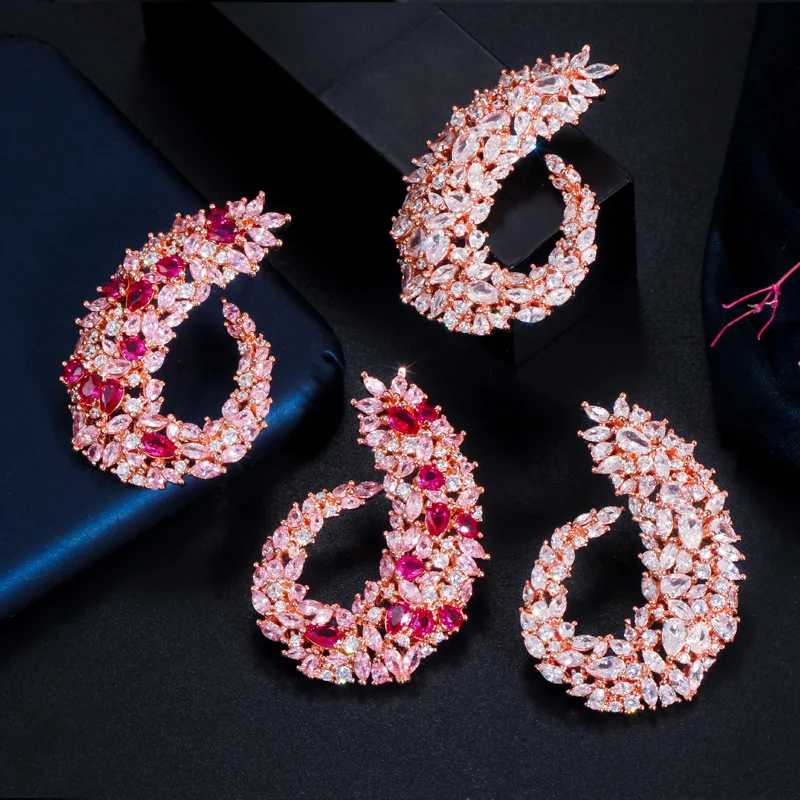 CWWZircons Rose Gold Plated Luxury Popular Geometry Flower Red Cubic Zirconia Big Wedding Earring Fashion Famous Jewelry CZ415