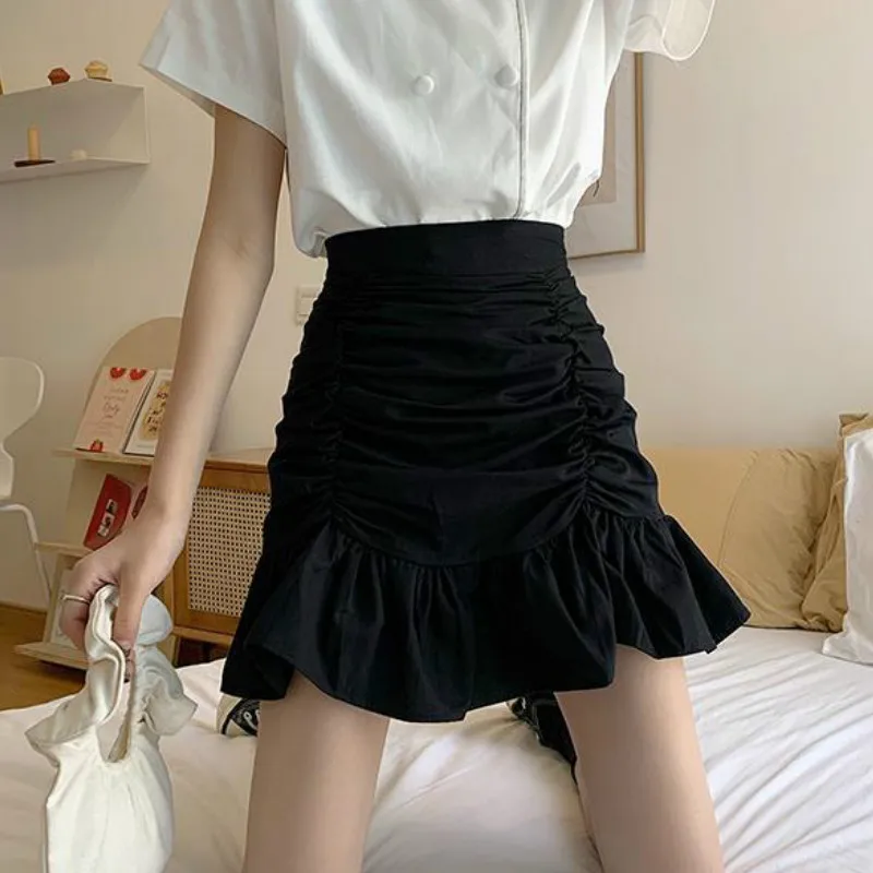 Skirts Women Solid A-line Summer Mini Hem Ruffles New Ulzzang Chic Ruched All-match High Waist Hot Selling Lovely Girls Elegant