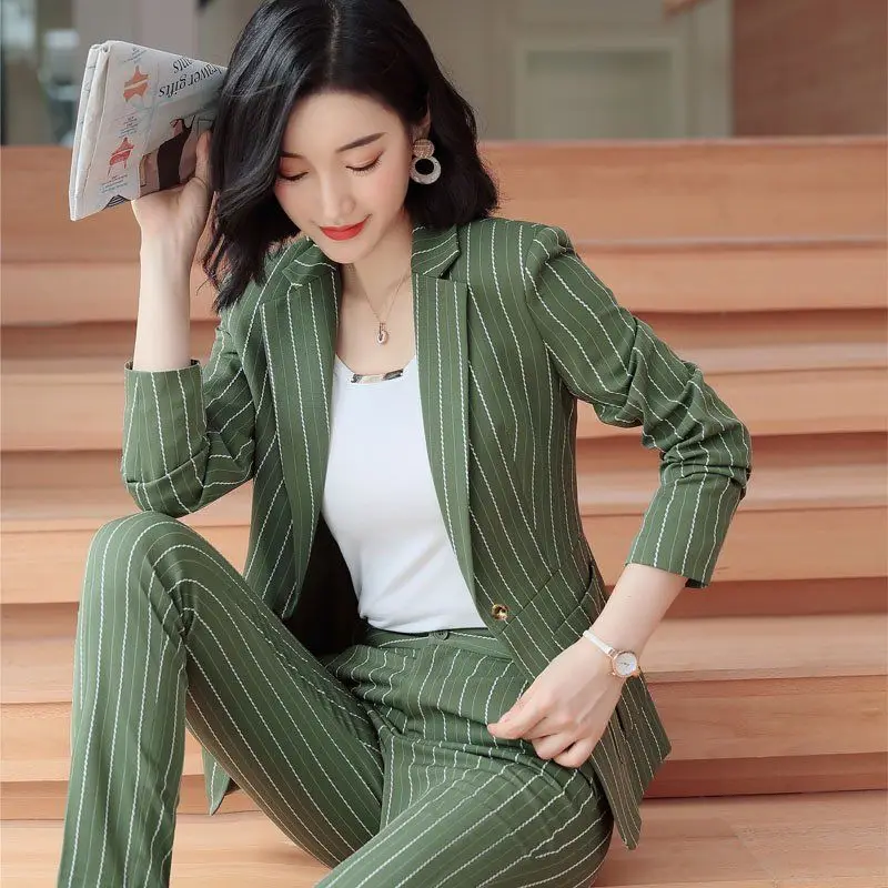 2024 New Work Fashion Pant Suits 2 Piece Set for Women Striped Blazer Jacket & Trouser Office Business Suit Lady Suit Feminino