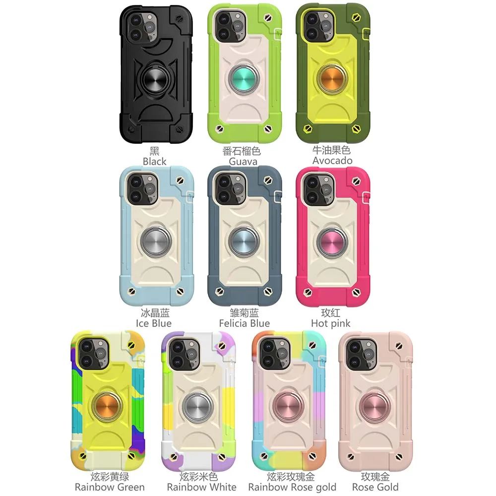 3 in 1 Multifunction Case For iPhone 16 15 14 13 12 Mini 11 Pro Max XS XR 7 8 Plus SE Ring Car Stand Silicone PC Shockproof Skin