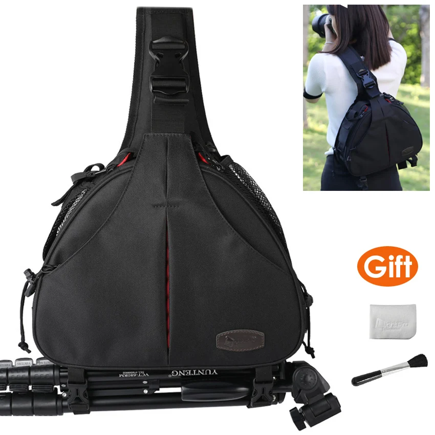 Canvas Sling Shoulder Bag Cross Body Triangle Camera Video Photo Tripod Case Waterproof w Rain Cover for Canon Nikon Sony SLR