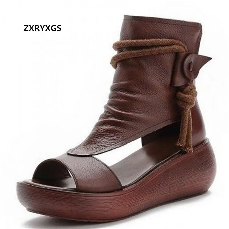 

2023 Fish Mouth High Quality Soft PU Leather And Cowhide Summer Roman Shoes Women Sandals Platform Heighten Shoe Wedges Sandals