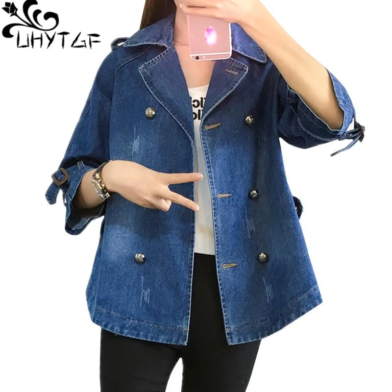 

UHYTGF Denim Coat Women Korean Loose Big Size Denim Jacket Lapel Double-breasted Casual Autumn Jeans Jacket Jaqueta Feminina 723