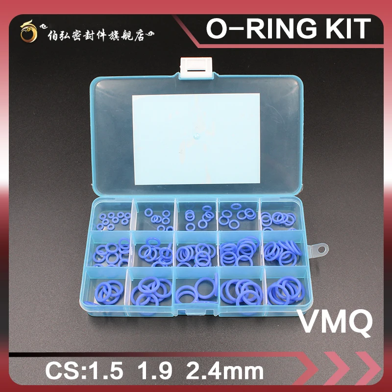 Blue silicone rubber 125pcs O-ring seal CS1.5/1.9/2.4mm VMQ gasket waterproof high temperature environmental protection toolbox