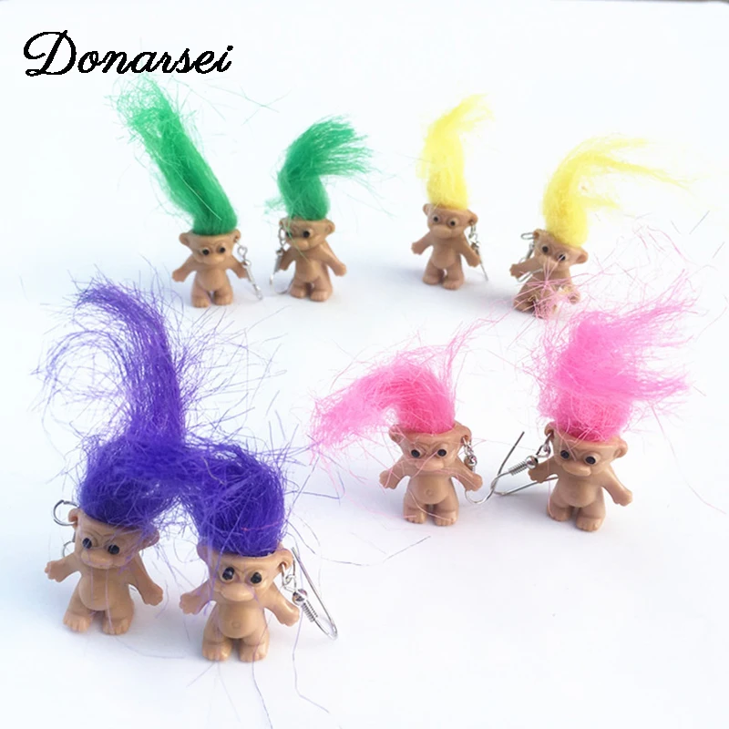 Donarsei Vintage Handmade Ugly Doll Drop Earrings For Women Cute Colorful Long Hair Doll Cartoon Dangle Earrings Party