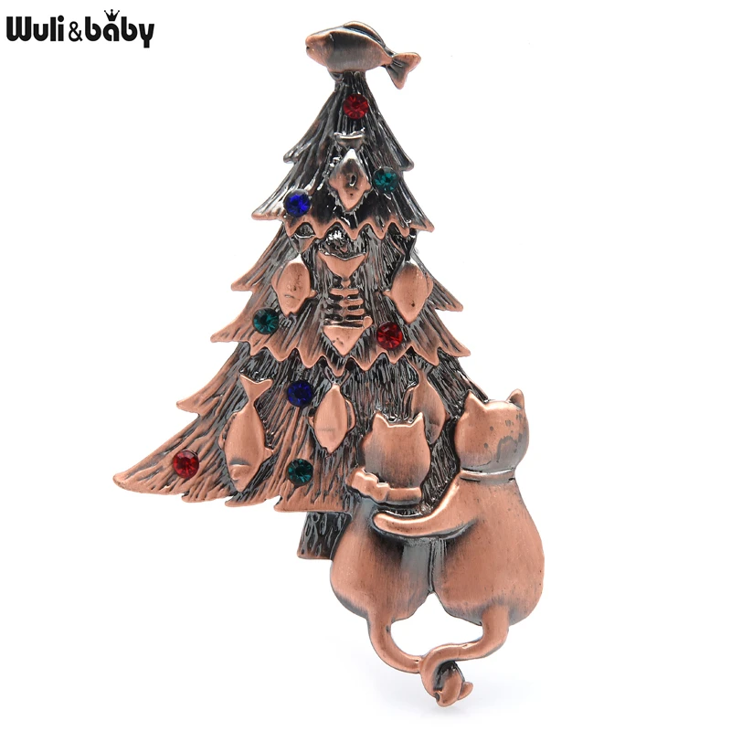 Wuli&baby Vintage Christmas Tree Brooch Couple Cats For Lover Women and Girl Jewelry Gift Brooch Pins 2021 Fashion Accesory