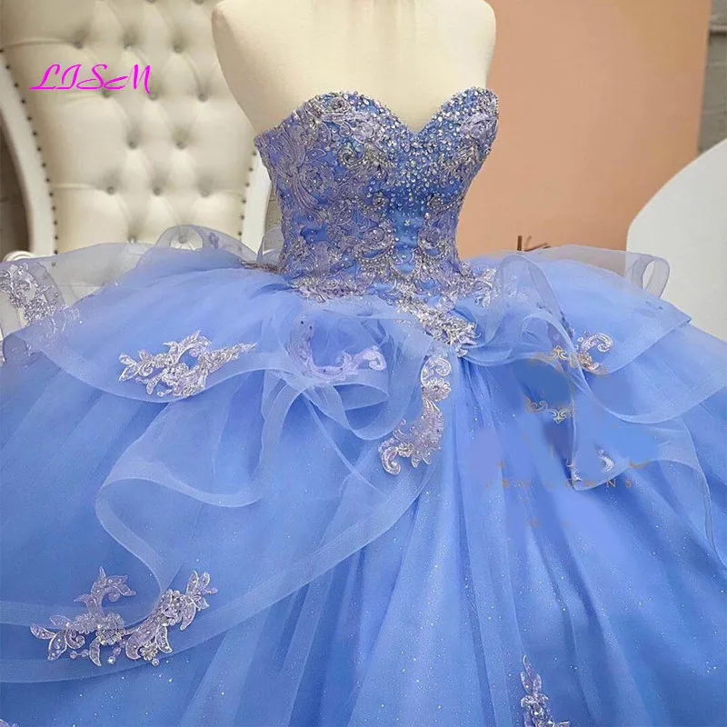 Light Sky Blue Beaded Ball Gown Quinceanera Dresses Sweetheart Sequined Long Prom Gowns Appliqued Sweep Train Tulle Party Dress