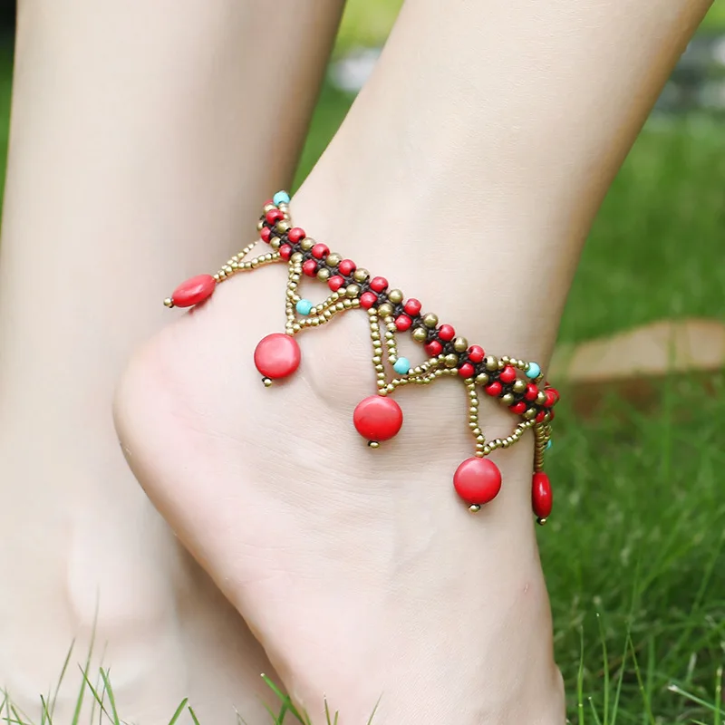 Bohemian Ethnic Retro Handmade Beaded Drops of Bells Tassels Anklet Bracelets Fashion Sexy Beach Catwalk Feet Jewelry for Women