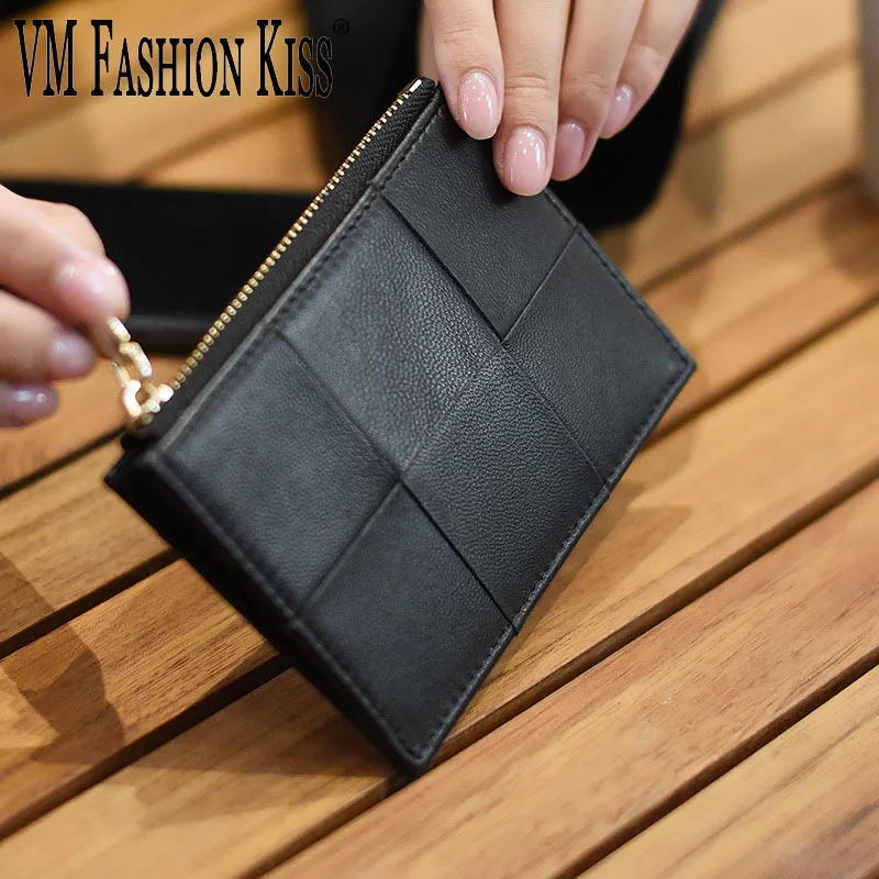 

VM FASHION KISS 2022 Women's Top Genuine Leather Zipper Bag 100% Sheepskin Large Plaid Woven Mini Credit Card Holder Minimalist