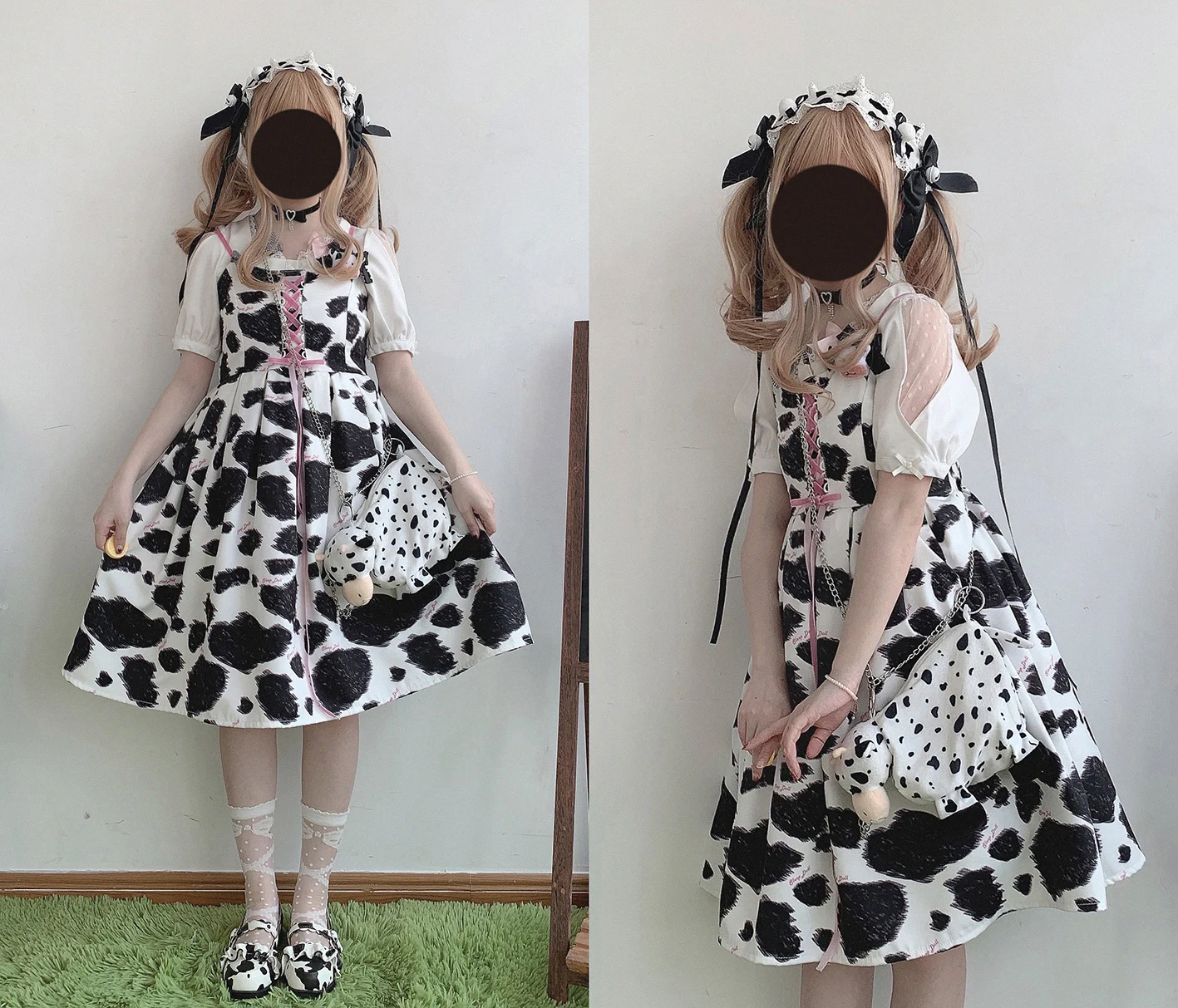 Robe d'uniforme plissée à col rond pour fille japonaise, gilet mignon imprimé de vache, Costume Cosplay quotidien, Loli