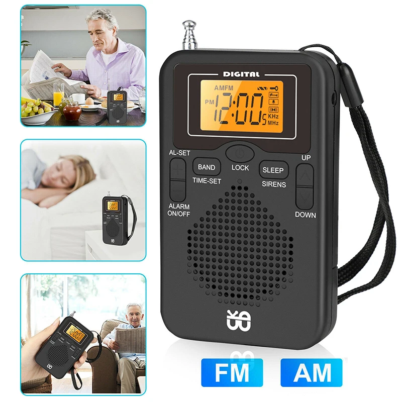 Portable Mini Radio Handheld AM FM Dual Band Stereo Pocket Radio Receiver with LED Display Speaker Alarm Clock Pocket Radio