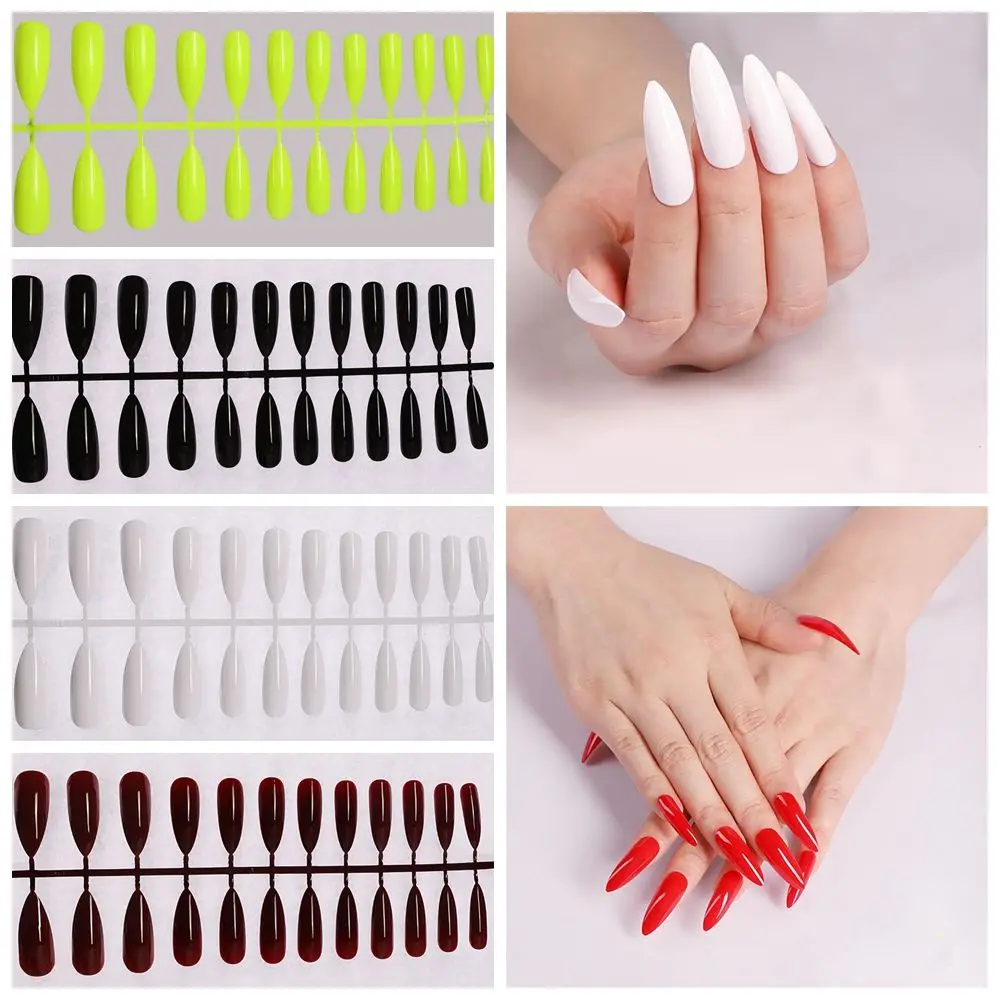 

24Pcs Good Quality Acrylic False Nail Wine Red Black Extra Long Shiny Nail Easy Apply Sharp Stiletto Artificial Nail