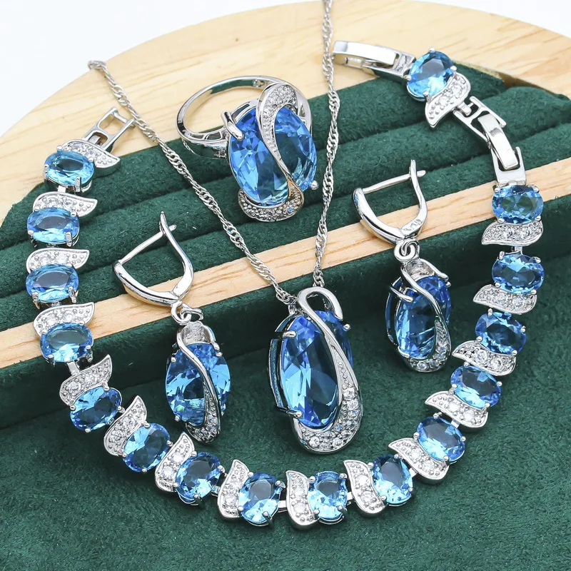 Classic 925 Silver Jewelry Sets For Women Wedding Blue Topaz Bracelet Earrings Necklace Pendant Ring Christmas Gift 4PCS