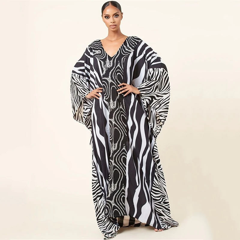 Egypt Maxi Dress For Women Kaftan Zebra Animal Print Long Abaya Vintage Ethnic Morocco Caftan Robe Vestido Beach Cover Up Tunic